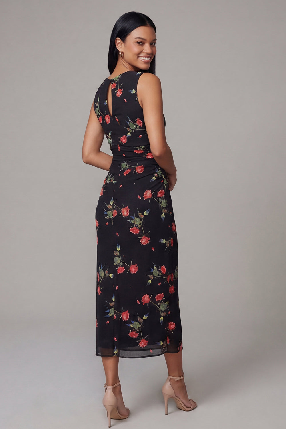 Black Round Neck Floral Maxi Sheath Ruched Beach Wedding Guest Dress