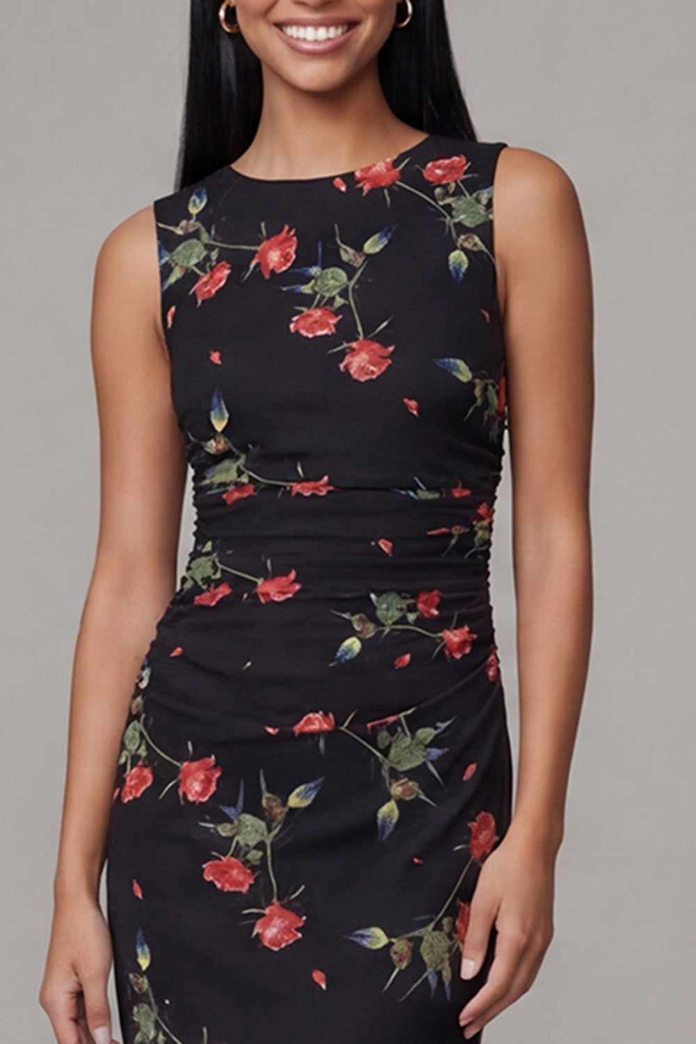 Black Round Neck Floral Maxi Sheath Ruched Beach Wedding Guest Dress