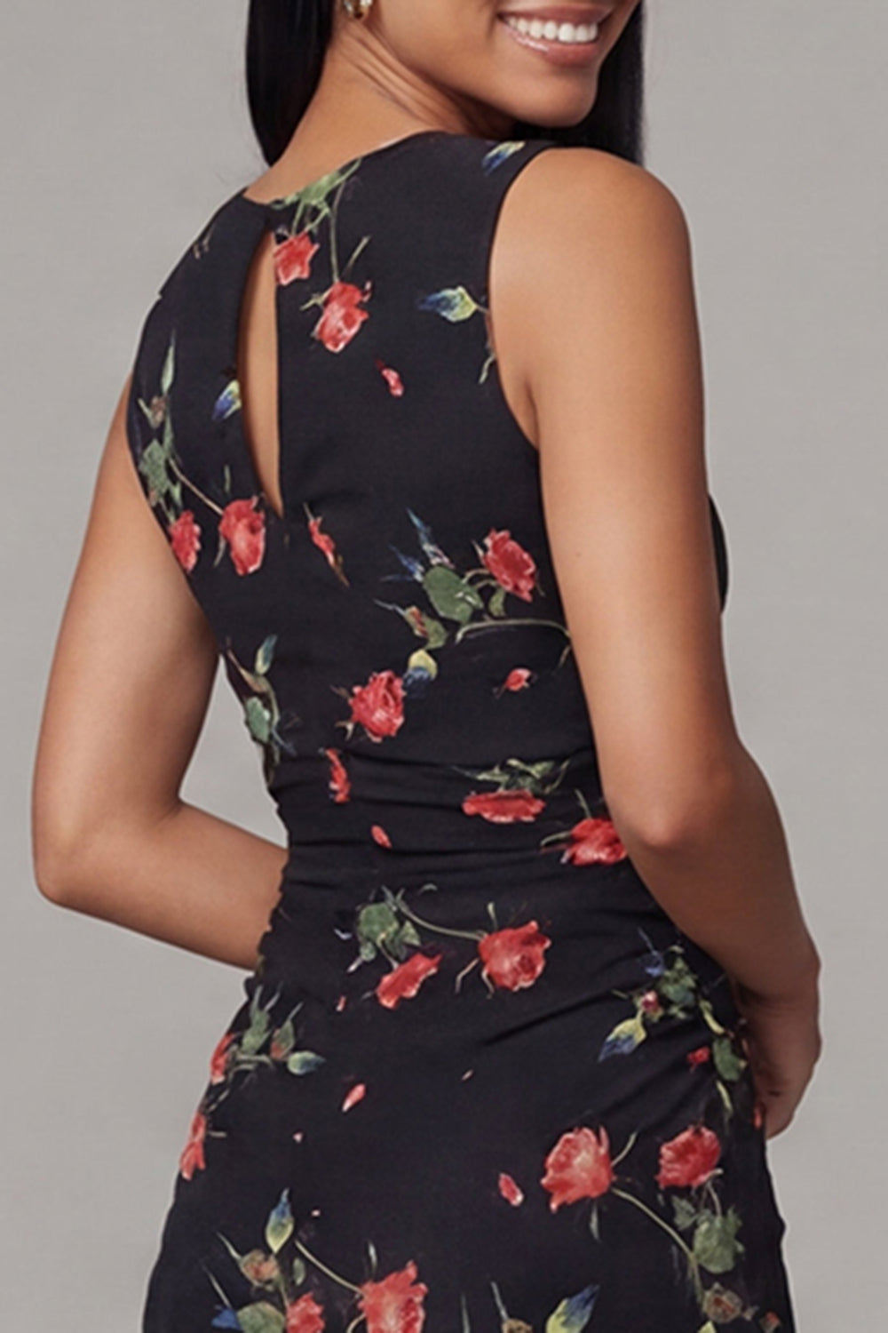 Black Round Neck Floral Maxi Sheath Ruched Beach Wedding Guest Dress