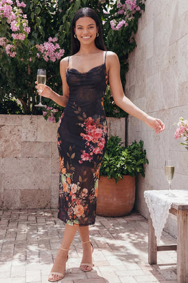 Spaghetti Straps Black Floral Maxi Bodycon Beach Wedding Guest Dress