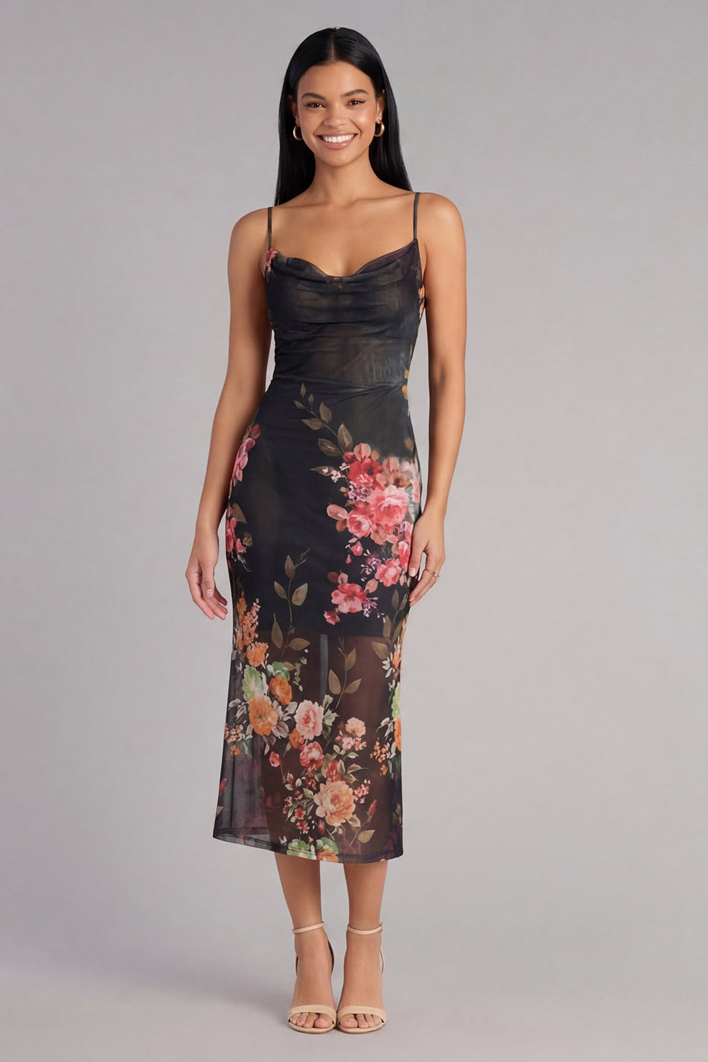 Spaghetti Straps Black Floral Maxi Bodycon Beach Wedding Guest Dress