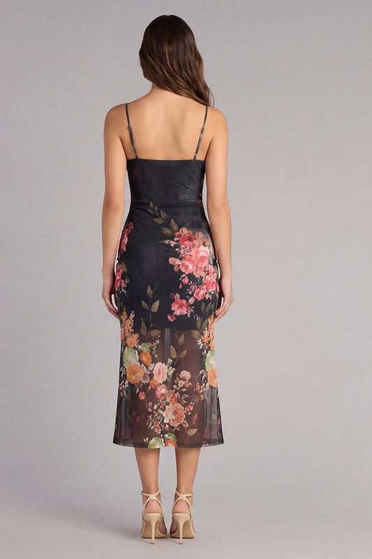 Spaghetti Straps Black Floral Maxi Bodycon Beach Wedding Guest Dress