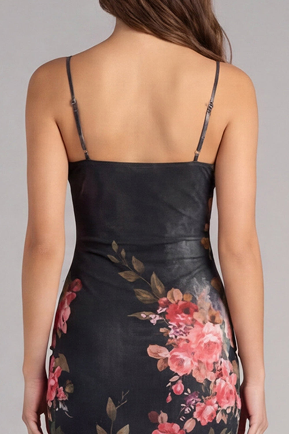Spaghetti Straps Black Floral Maxi Bodycon Beach Wedding Guest Dress