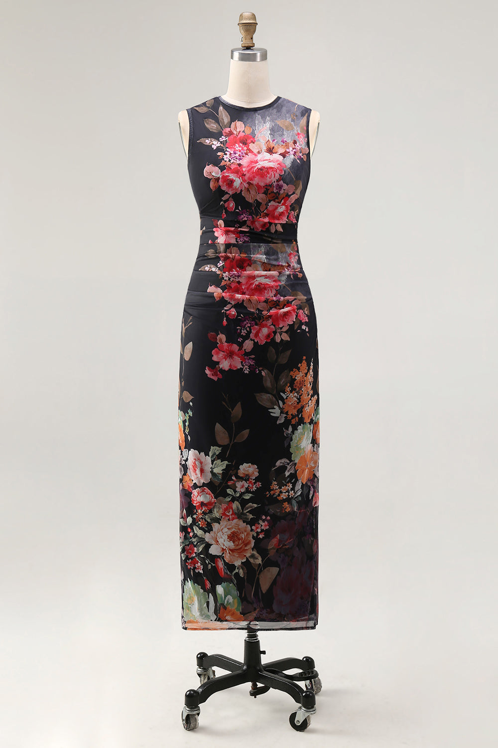 Bateau Neck Floral Maxi Bodycon Ruched Black Beach Wedding Guest Dress