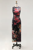 Bateau Neck Floral Maxi Bodycon Ruched Black Beach Wedding Guest Dress