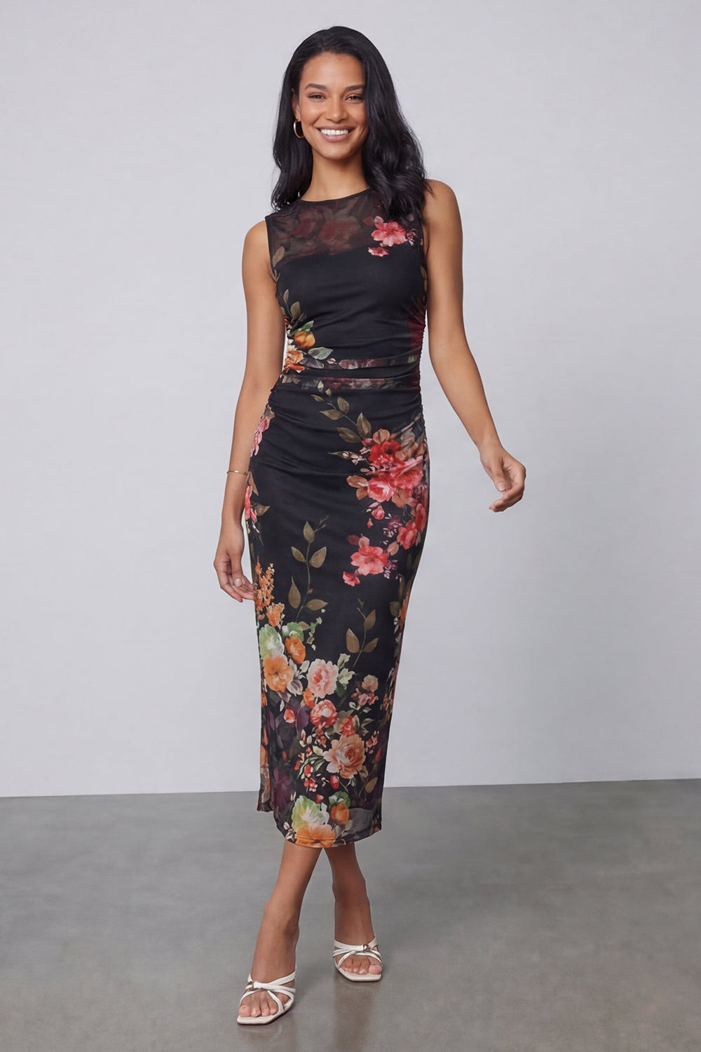 Bateau Neck Floral Maxi Bodycon Ruched Black Beach Wedding Guest Dress