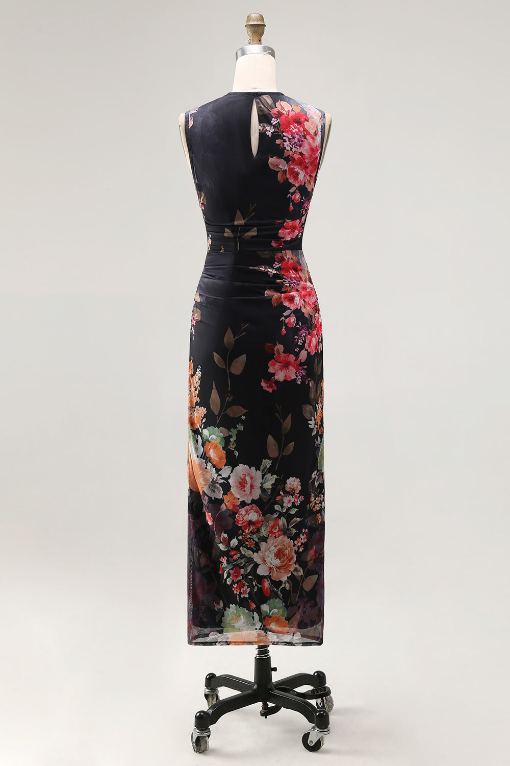 Bateau Neck Floral Maxi Bodycon Ruched Black Beach Wedding Guest Dress