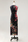 Bateau Neck Floral Maxi Bodycon Ruched Black Beach Wedding Guest Dress