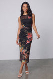 Bateau Neck Floral Maxi Bodycon Ruched Black Beach Wedding Guest Dress