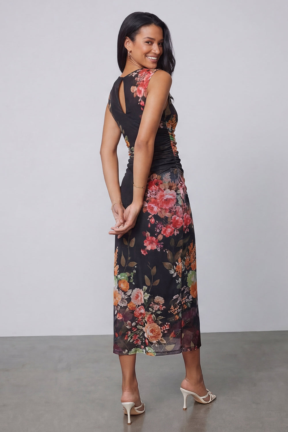 Bateau Neck Floral Maxi Bodycon Ruched Black Beach Wedding Guest Dress