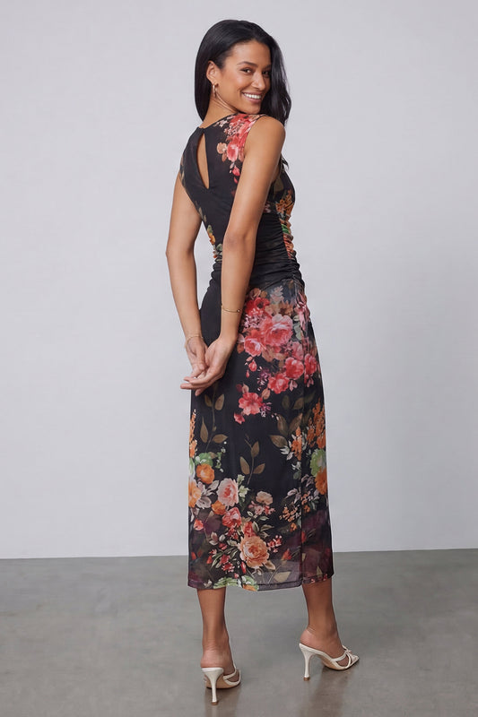 Bateau Neck Floral Maxi Bodycon Ruched Black Beach Wedding Guest Dress