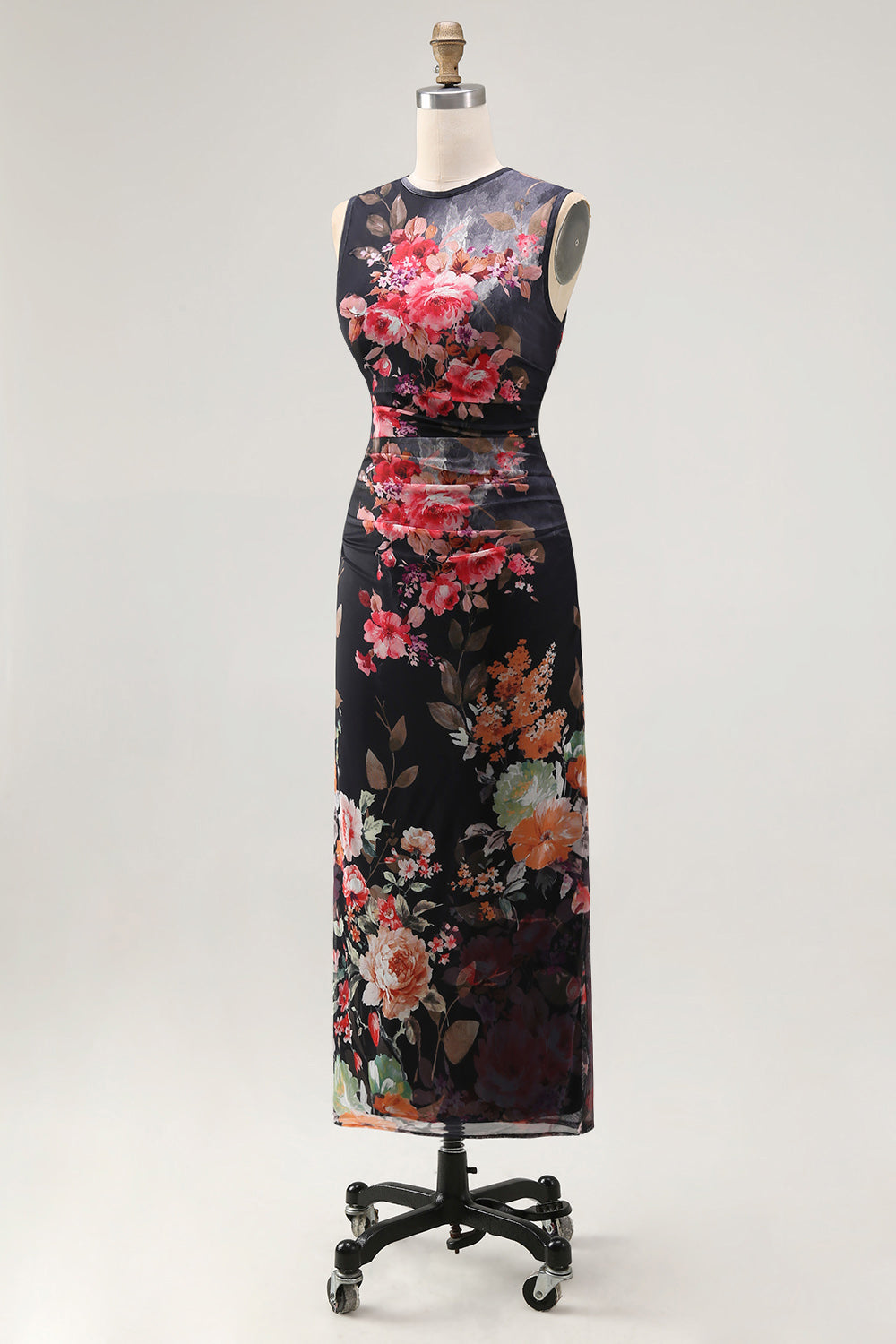Bateau Neck Floral Maxi Bodycon Ruched Black Beach Wedding Guest Dress