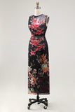 Bateau Neck Floral Maxi Bodycon Ruched Black Beach Wedding Guest Dress