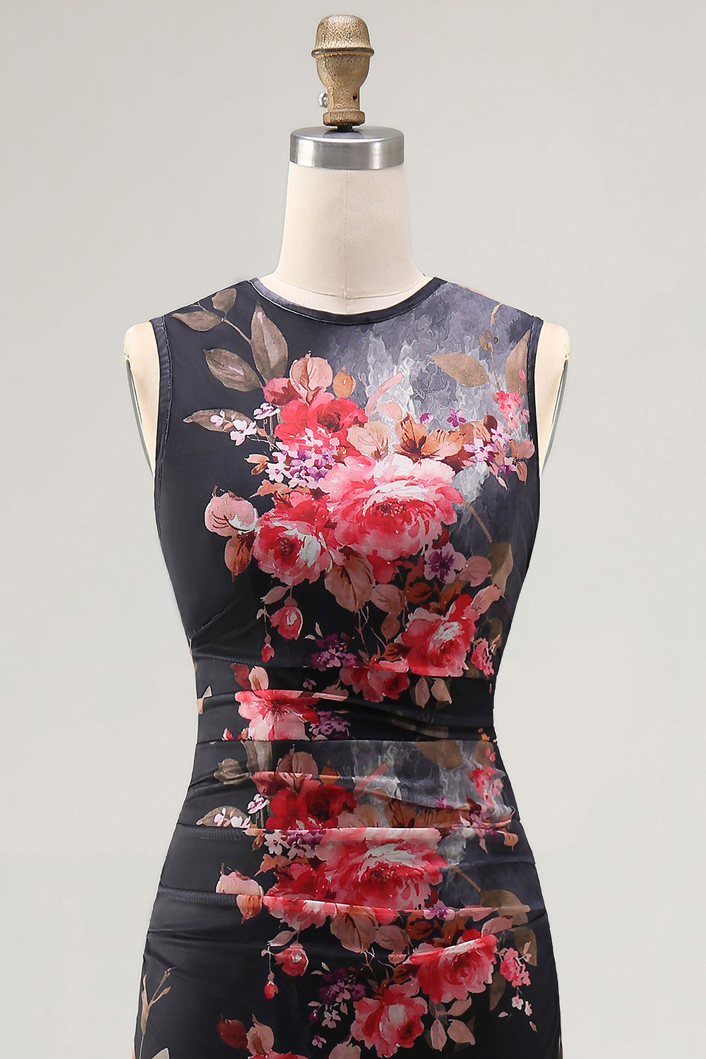 Bateau Neck Floral Maxi Bodycon Ruched Black Beach Wedding Guest Dress