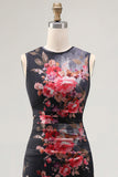 Bateau Neck Floral Maxi Bodycon Ruched Black Beach Wedding Guest Dress