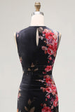 Bateau Neck Floral Maxi Bodycon Ruched Black Beach Wedding Guest Dress
