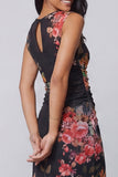Bateau Neck Floral Maxi Bodycon Ruched Black Beach Wedding Guest Dress