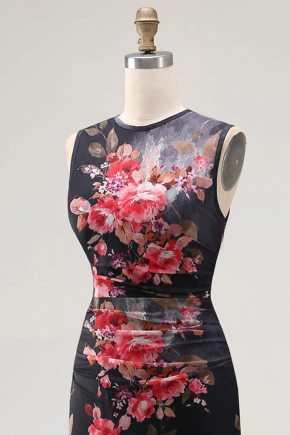Bateau Neck Floral Maxi Bodycon Ruched Black Beach Wedding Guest Dress