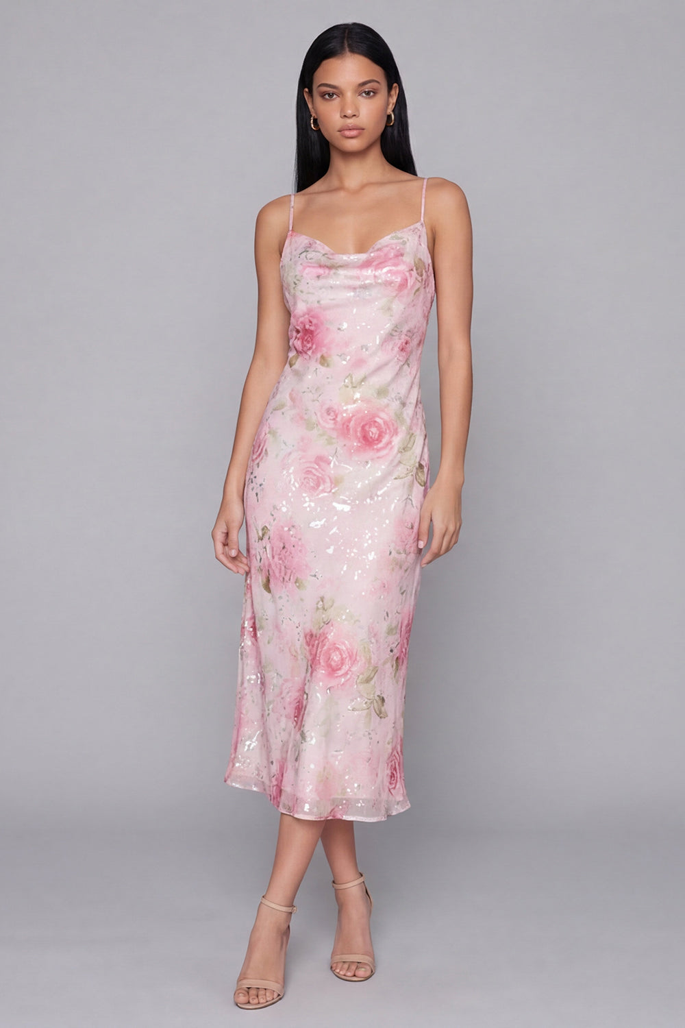 Spaghetti Straps Sparkly Pink Floral Maxi Bodycon Beach Wedding Guest Dress