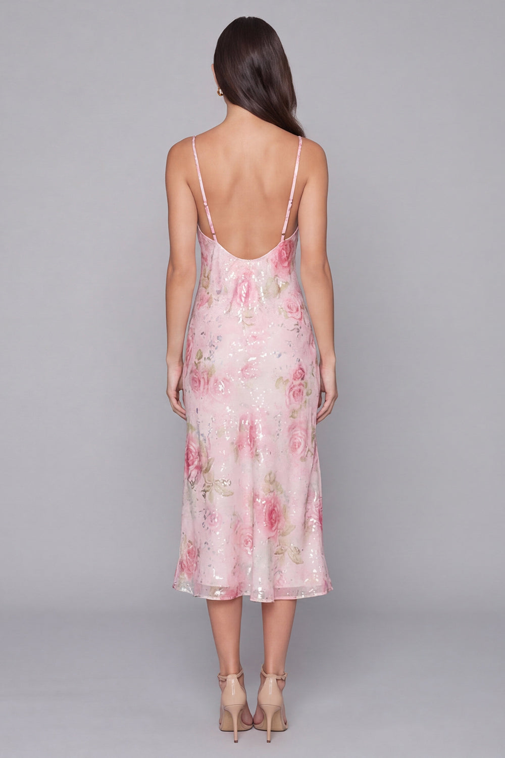 Spaghetti Straps Sparkly Pink Floral Maxi Bodycon Beach Wedding Guest Dress