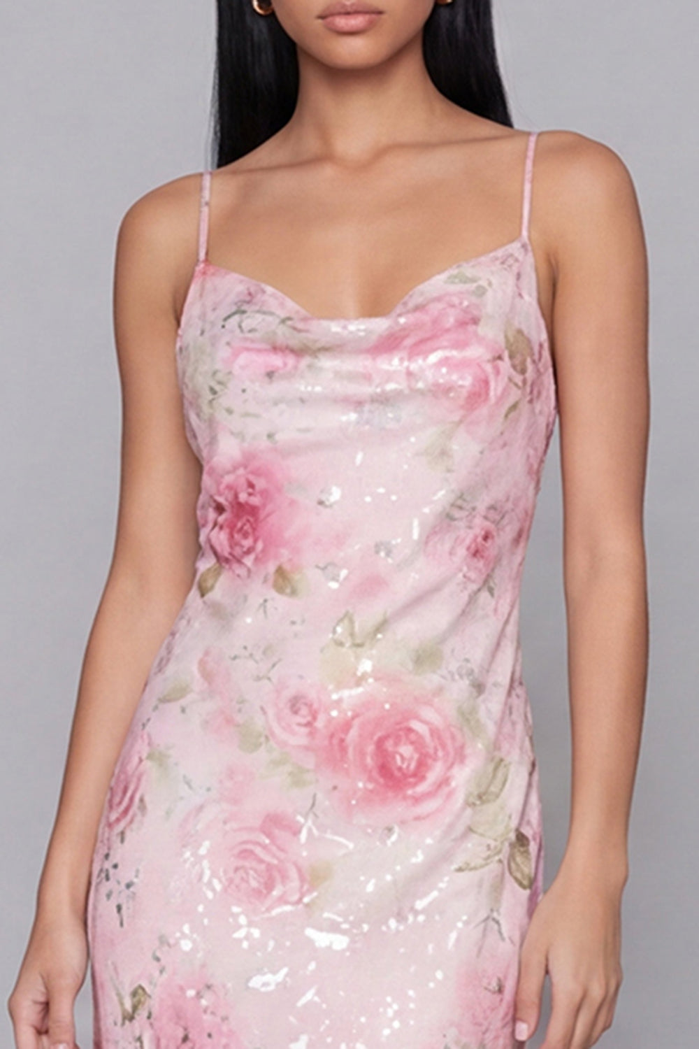 Spaghetti Straps Sparkly Pink Floral Maxi Bodycon Beach Wedding Guest Dress