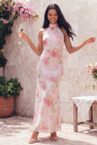 Sparkly Pink Flower Maxi Sequin Sheath Floral Beach Wedding Guest Dress