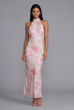 Sparkly Pink Flower Maxi Sequin Sheath Floral Beach Wedding Guest Dress