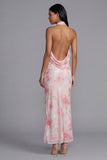Sparkly Pink Flower Maxi Sequin Sheath Floral Beach Wedding Guest Dress