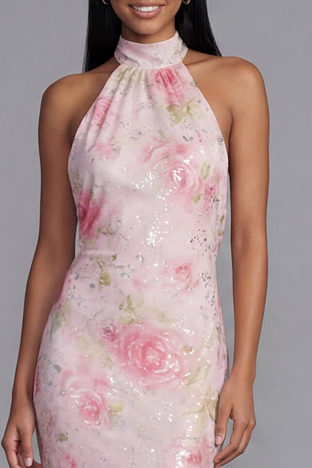 Sparkly Pink Flower Maxi Sequin Sheath Floral Beach Wedding Guest Dress