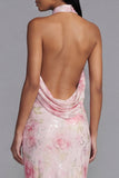 Sparkly Pink Flower Maxi Sequin Sheath Floral Beach Wedding Guest Dress