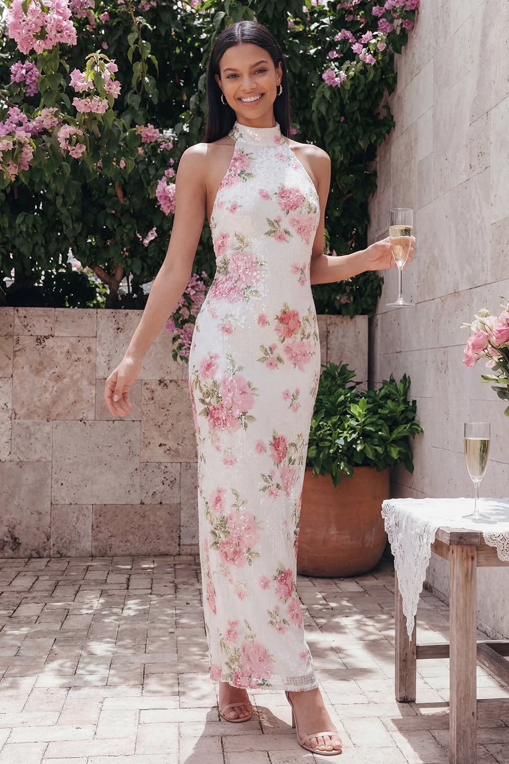 Sparkly Pink Flower Maxi Sequin Sheath Floral Beach Wedding Guest Dress