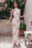 Sparkly Pink Flower Maxi Sequin Sheath Floral Beach Wedding Guest Dress