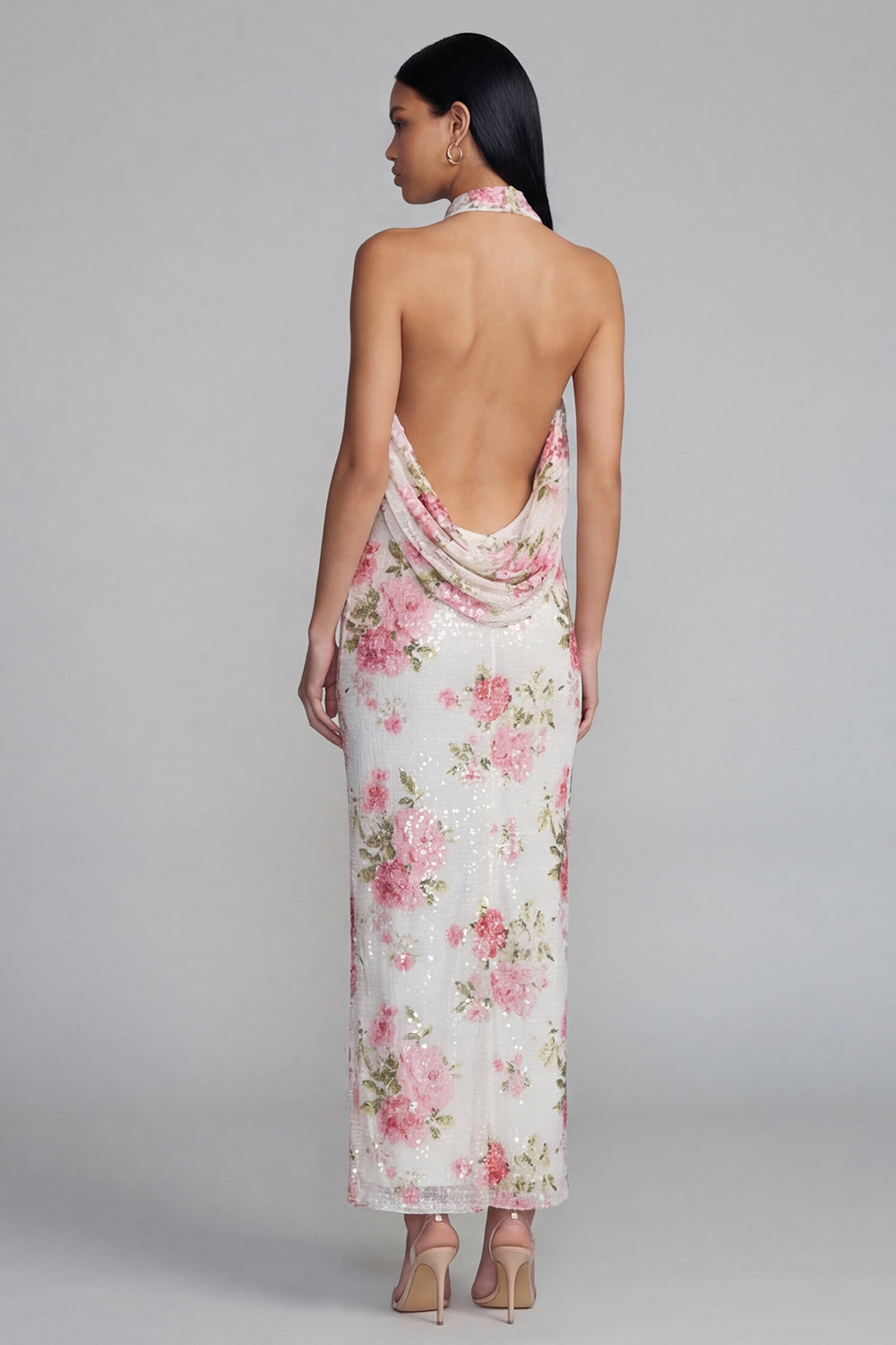 Sparkly Pink Flower Maxi Sequin Sheath Floral Beach Wedding Guest Dress