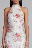 Sparkly Pink Flower Maxi Sequin Sheath Floral Beach Wedding Guest Dress