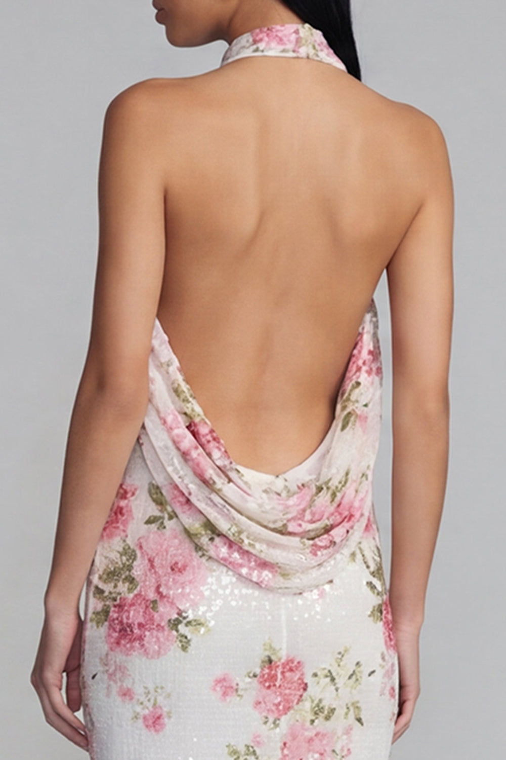 Sparkly Pink Flower Maxi Sequin Sheath Floral Beach Wedding Guest Dress
