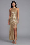 Sparkly Gold Maxi Sequin Wedding Guest Dress with Slit