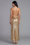 Sparkly Gold Maxi Sequin Wedding Guest Dress with Slit