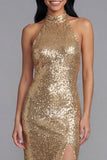 Sparkly Gold Maxi Sequin Wedding Guest Dress with Slit