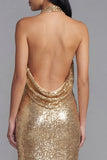 Sparkly Gold Maxi Sequin Wedding Guest Dress with Slit
