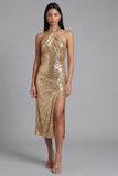Halter Sparkly Gold Maxi Sequin Wedding Guest Dress with Slit