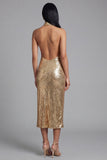 Halter Sparkly Gold Maxi Sequin Wedding Guest Dress with Slit