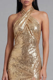 Halter Sparkly Gold Maxi Sequin Wedding Guest Dress with Slit