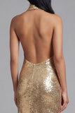 Halter Sparkly Gold Maxi Sequin Wedding Guest Dress with Slit