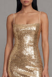 Spaghetti Straps Sparkly Gold Maxi Sequin Wedding Guest Dress