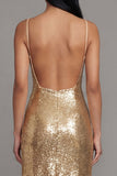 Spaghetti Straps Sparkly Gold Maxi Sequin Wedding Guest Dress