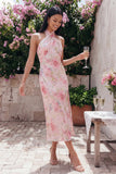 Sparkly Pink Maxi Halter Floral Wedding Guest Dress with Slit