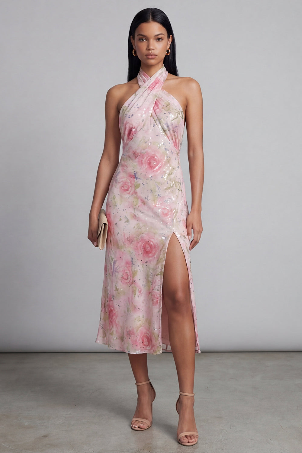Sparkly Pink Maxi Halter Floral Wedding Guest Dress with Slit