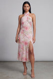 Sparkly Pink Maxi Halter Floral Wedding Guest Dress with Slit