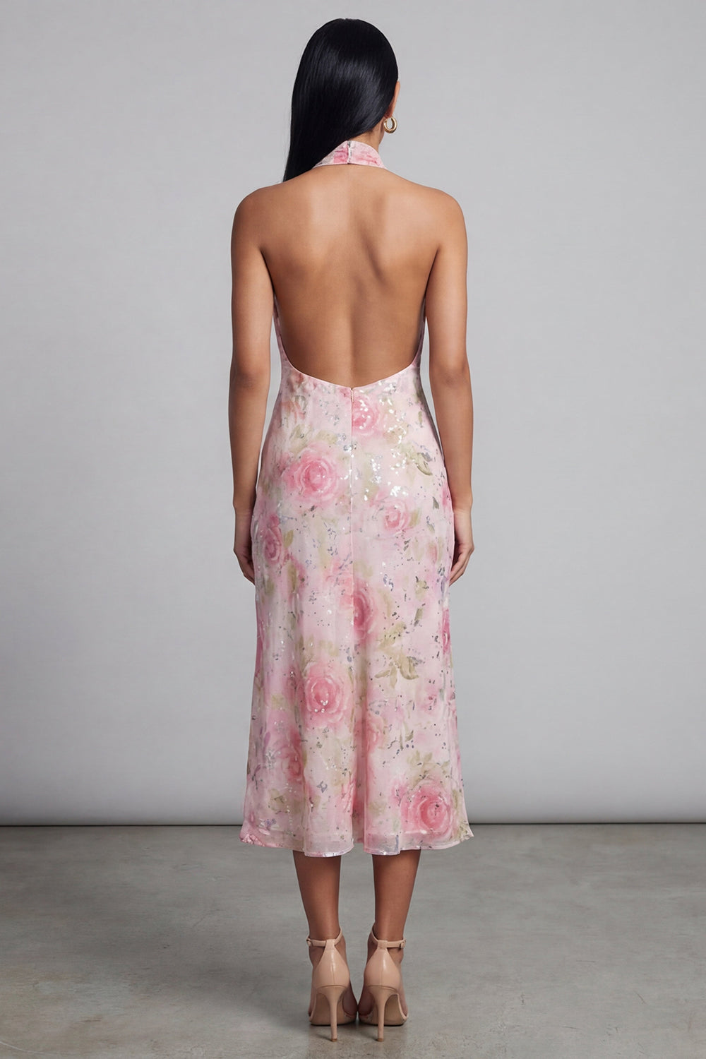 Sparkly Pink Maxi Halter Floral Wedding Guest Dress with Slit