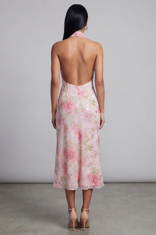 Sparkly Pink Maxi Halter Floral Wedding Guest Dress with Slit